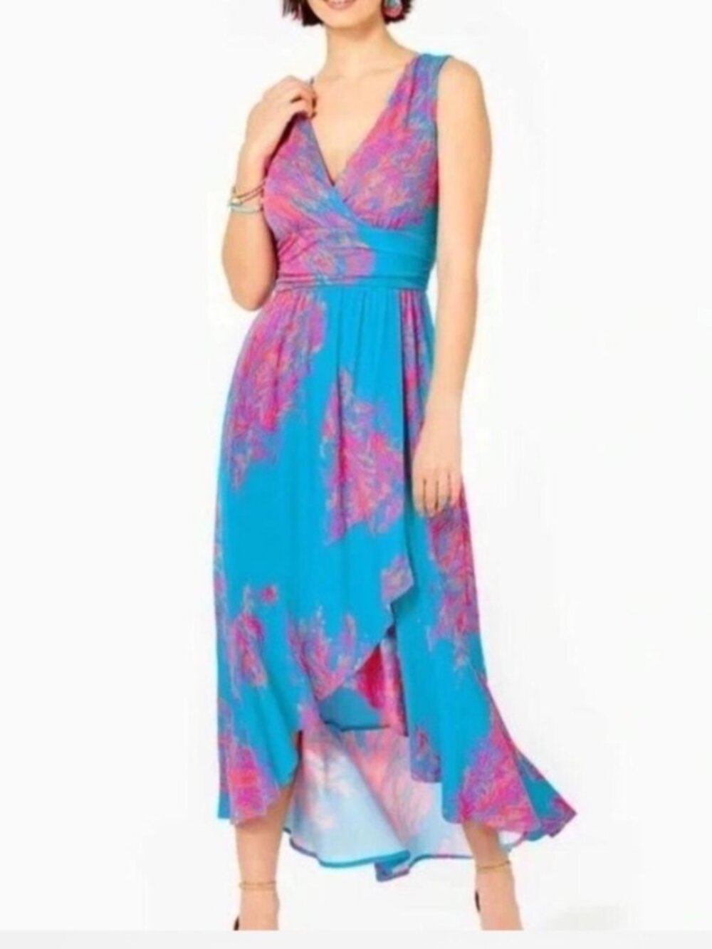 Lilly Pulitzer Moana Blue & Pink Maxi Dress V-Neck Sleeveless Pullover Style Lar